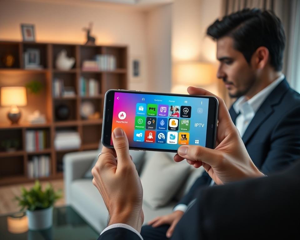 A modern smartphone displaying a vibrant IPTV application interface, featuring colorful icons and an engaging layout on both Android and iOS platforms. In the foreground, the phone is held by a person dressed in professional business attire, focused on the screen. The middle ground showcases a cozy living room setting, with a stylish couch and soft lighting creating a relaxed atmosphere. The background features a decorative bookshelf and a softly glowing lamp, adding warmth to the scene. Use a shallow depth of field to highlight the phone and the user's expression, capturing a sense of excitement and modern technology. The overall mood should convey innovation and user-friendly convenience.