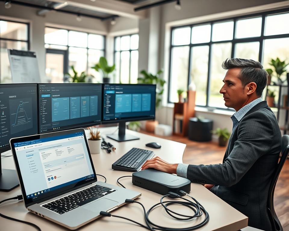 A modern, tech-inspired workspace featuring an individual, dressed in smart casual attire, sitting at a sleek desk with multiple monitors displaying IPTV configuration settings and network diagnostics. In the foreground, a laptop with visible IPTV test software open, along with a high-quality router and cables neatly arranged. The middle layer includes a cozy office setting with potted plants and bookshelves, creating an inviting atmosphere. In the background, large windows let in soft daylight, illuminating the room with a warm glow. The overall mood is focused and professional, reflecting the importance of conducting a thorough IPTV test. The composition emphasizes clarity and organization, highlighting technological elements that convey the theme of IPTV connectivity.