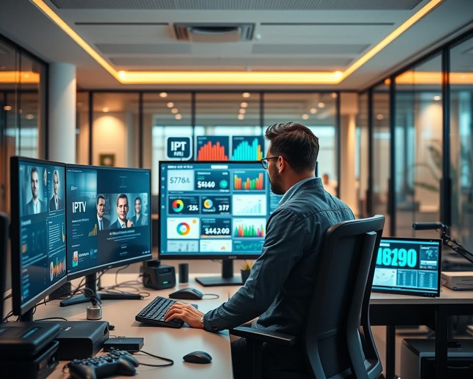 A modern, well-lit tech support office for premium television services, showcasing a professional technician working attentively at a sleek computer workstation. In the foreground, a technician dressed in business casual attire is shown troubleshooting, surrounded by advanced devices and monitors displaying colorful IPTV interfaces. The middle ground features a large digital screen showcasing IPTV analytics and customer satisfaction metrics, while various support tools and gadgets are organized neatly around. In the background, a soft-focus view of a modern office environment with warm lighting and glass partitions, creating a welcoming and efficient atmosphere. The mood is professional and service-oriented, conveying efficiency and expertise in IPTV technical support.