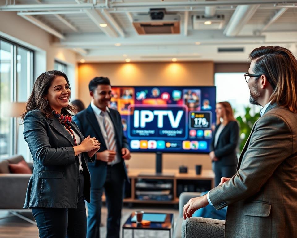 A modern workspace featuring a diverse group of professional individuals engaged in a discussion about IPTV services. In the foreground, a woman in smart casual attire is sharing her positive experience, her expression enthusiastic and engaged. Beside her, a man in a neatly tailored suit nods in agreement. In the middle, a large computer screen displays IPTV content, surrounded by vibrant graphics illustrating connectivity and user satisfaction. The background shows an open office with sleek furniture and soft lighting, creating a warm, inviting atmosphere. The overall mood is collaborative and positive, reflecting a community sharing their experiences. The shot is taken from a slightly above angle, giving a clear view of the interactions without any distractions. A modern workspace featuring a diverse group of professional individuals engaged in a discussion about IPTV services. In the foreground, a woman in smart casual attire is sharing her positive experience, her expression enthusiastic and engaged. Beside her, a man in a neatly tailored suit nods in agreement. In the middle, a large computer screen displays IPTV content, surrounded by vibrant graphics illustrating connectivity and user satisfaction. The background shows an open office with sleek furniture and soft lighting, creating a warm, inviting atmosphere. The overall mood is collaborative and positive, reflecting a community sharing their experiences. The shot is taken from a slightly above angle, giving a clear view of the interactions without any distractions.