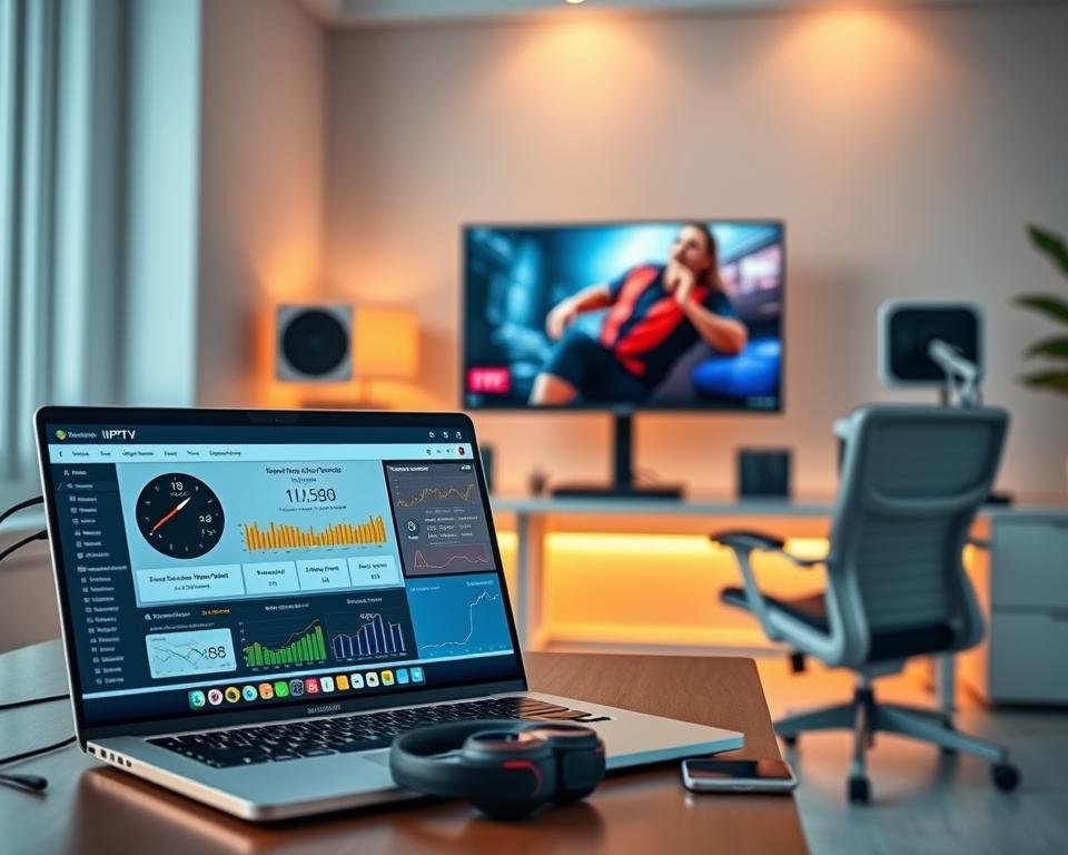 A modern workspace featuring a high-end computer setup, showcasing a vibrant streaming application interface on the screen. In the foreground, a sleek laptop with a detailed view of the testing software interface displaying various IPTV performance metrics. The middle ground includes a comfortable ergonomic chair and a stylish desk adorned with headphones and a smartphone. The background features a softly lit room with a minimalist design, accentuated by warm ambient lighting, creating a professional and inviting atmosphere. Capture the image from a slightly elevated angle to emphasize the computer screen and workspace organization. The overall mood should convey focus and efficiency in testing IPTV, appealing to tech-savvy individuals interested in optimizing their streaming experience.