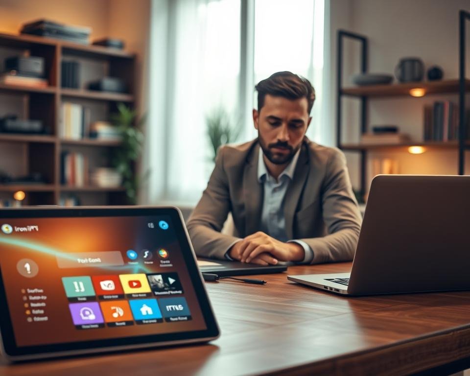 A modern workspace showcasing a configuration application screen being streamed on a tablet and laptop. In the foreground, the tablet displays a colorful interface of the Iron IPTV Pro APK, with vibrant icons representing various content categories. In the middle, a professional person, dressed in smart casual attire, is seated at a wooden desk, intently configuring the application with a focused expression. The background features warm ambient lighting, creating a cozy yet productive atmosphere, with shelves containing books and tech gadgets. Soft natural light streams in through a window, enhancing the inviting mood. Capture this scene from a slightly elevated angle to emphasize the interaction with the devices and the vibrant screen interface.