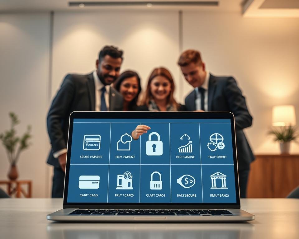 A professional and inviting image depicting secure payment methods. In the foreground, a modern laptop displaying a digital payment interface, with various secure payment icons such as credit cards, digital wallets, and bank transfer symbols. In the middle, a diverse group of individuals in business attire, collaborating over the laptop, showcasing engagement and trust in online transactions. The background features a sleek, minimalist office environment with soft, diffused lighting, creating a warm and trustworthy atmosphere. Utilize a slightly elevated angle to capture the interaction, and focus on clear details of the digital payment icons. The overall mood conveys confidence and security in financial transactions.