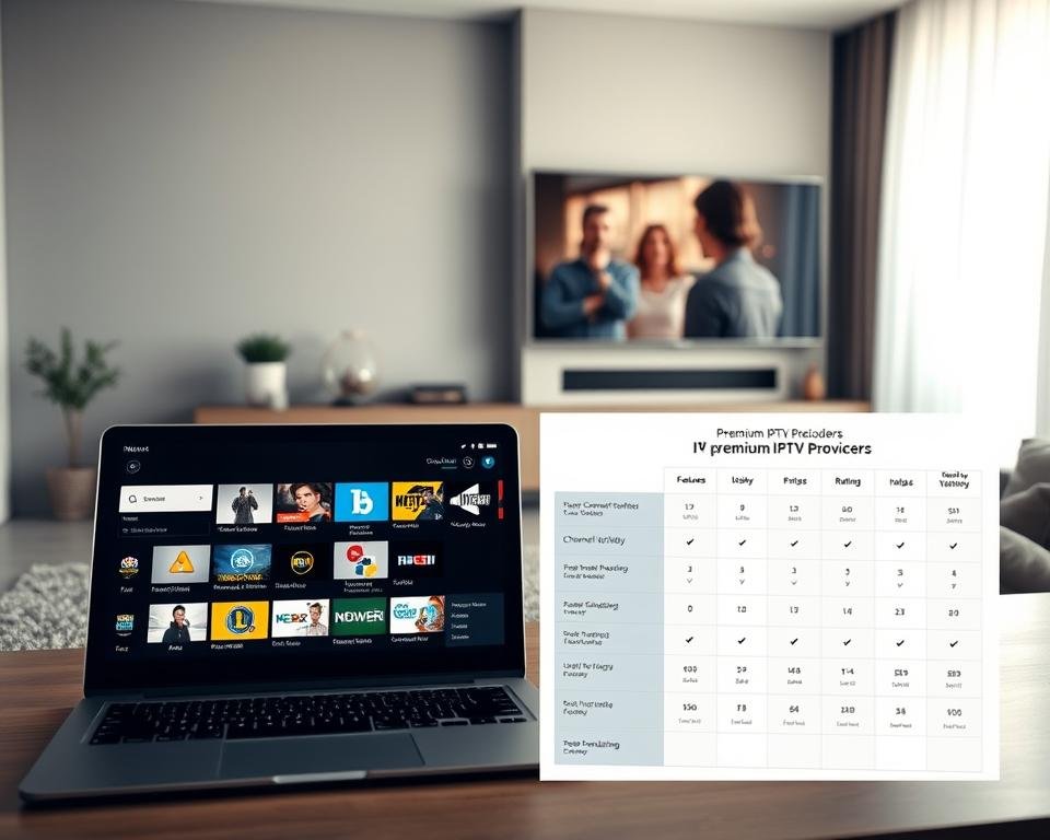 A professional and sleek comparison graphic showcasing premium IPTV providers. In the foreground, a modern digital interface displays various streaming options with vibrant icons representing different channels and subscription plans. In the middle ground, an elegant, minimalist workspace featuring a laptop open to a comparison chart detailing features like price, channel variety, and user ratings. The background illustrates a cozy living room setting with a large, high-definition television mounted on the wall, casting a warm glow. Soft, natural lighting floods the room, creating a welcoming atmosphere. Capture this engaging scene from a slightly elevated angle to emphasize the comparison and technology while maintaining a clean and sophisticated aesthetic.