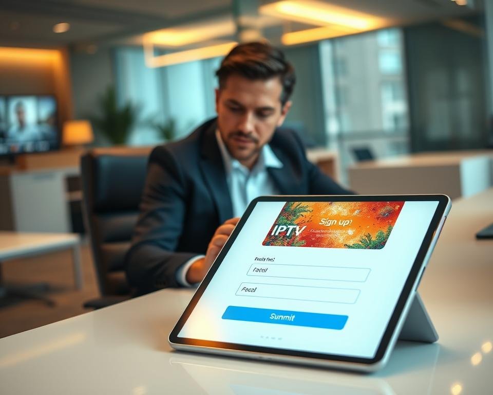 A professional businessperson seated at a sleek, modern desk, focused on a digital tablet displaying a visually appealing IPTV signup form. The foreground captures the tablet, highlighting a bright, colorful interface with clear fields for information and a prominent "Submit" button. The middle ground features the person, dressed in smart casual attire, intently examining the form. In the background, a contemporary office environment with soft lighting and sleek furniture, creating a welcoming and efficient atmosphere. The scene is well-lit with a warm glow, evoking a sense of professionalism and excitement about exploring IPTV services. The angle captures both the person and the tablet closely, emphasizing the action of signing up for a free IPTV trial.