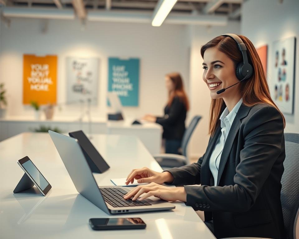 A professional customer support environment, featuring a smiling support agent in a smart, professional attire at a clean, modern desk. The foreground highlights the agent engaged in a friendly conversation, wearing a headset and typing on a laptop, with a notepad and pen in view for taking notes. In the middle, there are vivid elements such as tech gadgets like a tablet and a phone, reflecting the telecommunications industry. The background shows a well-lit office space with soft, inviting colors and motivational posters on the walls. The lighting is bright, conveying a warm and welcoming atmosphere. The overall mood is supportive and friendly, showcasing dedication to excellent customer service, resonating with themes of assistance and availability.