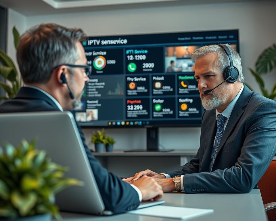 A professional support agent attentively assists a client via a video call on a sleek laptop. In the foreground, the agent is a middle-aged man in a smart business suit, with a focused expression, wearing a headset, surrounded by a modern office environment featuring vibrant plants and technology. In the middle ground, a large screen displays various IPTV service options and support metrics, reflecting the theme of customer service and technical support. The background subtly hints at an organized workspace, with soft lighting creating a warm and inviting atmosphere. The image has a slight focus depth effect, highlighting the agent while ensuring the surroundings remain visible yet unobtrusive. Overall, the mood is professional, attentive, and supportive.