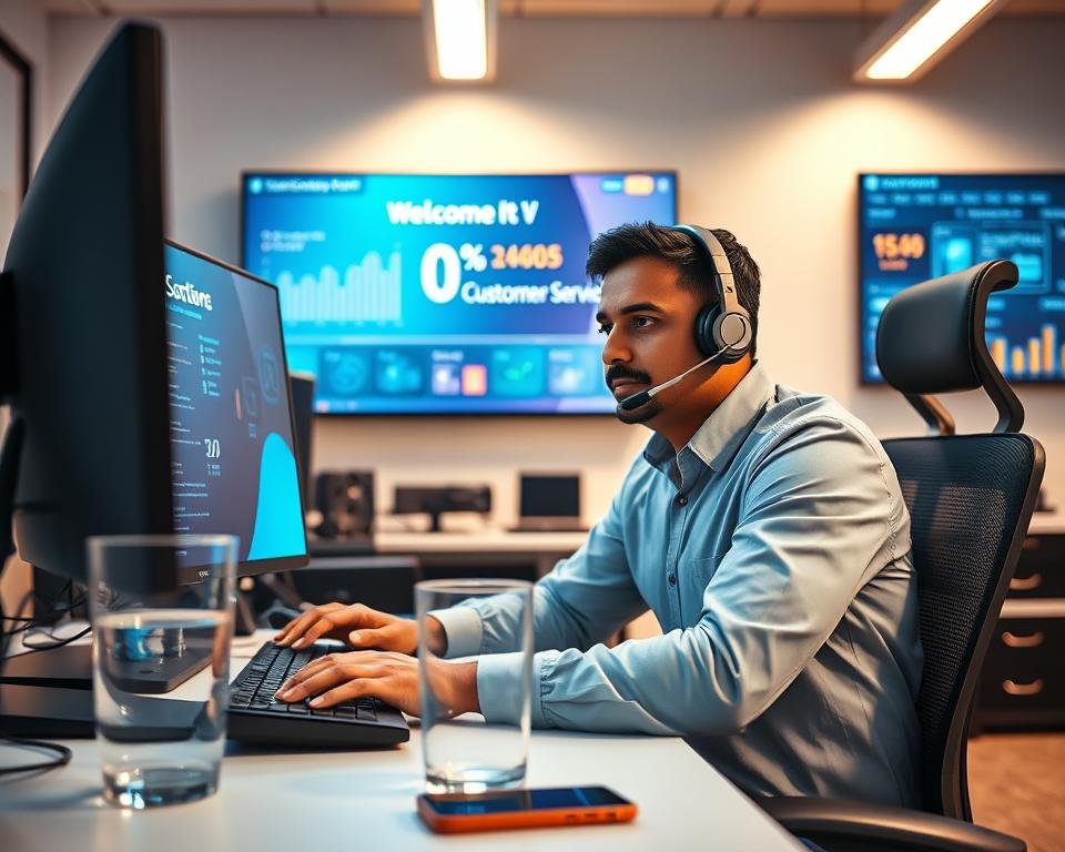 A professional support technician sitting at a modern desk filled with advanced computer equipment, showcasing a dual-monitor setup displaying technical support software. The technician, a middle-aged South Asian man in a neat business casual shirt, is focused on assisting clients via a headset. In the foreground, a clear glass of water and a smartphone can be seen. In the middle background, a wall-mounted screen shows dynamic customer service metrics and a welcoming digital interface for IPTV services. The overall atmosphere is bright and energized, illuminated by soft, warm lighting, creating a sense of professionalism and dedication. The angle is slightly from above, showcasing both the technician and the tech setup in a well-organized, modern office environment.