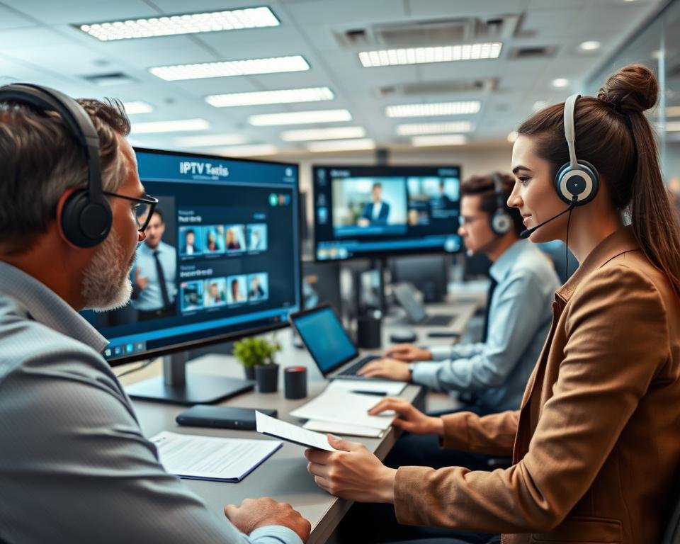 A professional technical support scene featuring a diverse group of support agents in a modern office environment. In the foreground, a middle-aged man in business attire is engaged on a headset, intently helping a customer on a large screen displaying IPTV settings. Beside him, a young woman in smart casual clothing types on a laptop, surrounded by notes and technical manuals. The middle ground captures an organized workspace with multiple monitors showing streaming content and customer support dashboards. The background has soft lighting from overhead LEDs, creating a focused yet welcoming atmosphere. The angle captures the dynamic interaction among team members, emphasizing teamwork and support in digital communication, embodying a committed approach to technical assistance.