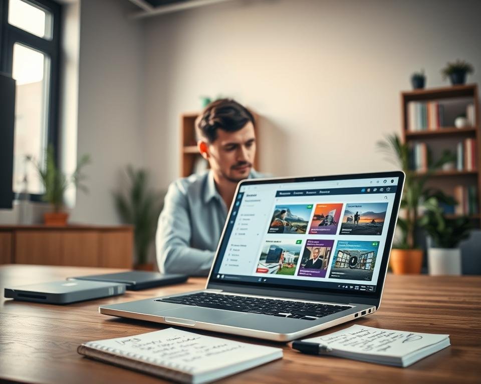 A professional workspace scene illustrating the "processus demande test streaming." In the foreground, a sleek laptop displaying a user-friendly IPTV testing interface with vibrant graphics. Beside it, a notepad with handwritten notes about IPTV features. In the middle ground, a business professional in smart casual clothing, focused on the laptop, with an expression of concentration. Soft, natural lighting coming from a window on the left, creating a warm atmosphere that inspires productivity. The background consists of a modern office setup with bookshelves and indoor plants, providing a balanced and inviting ambiance. The overall mood is one of efficiency and clarity, ideal for understanding the IPTV testing process.