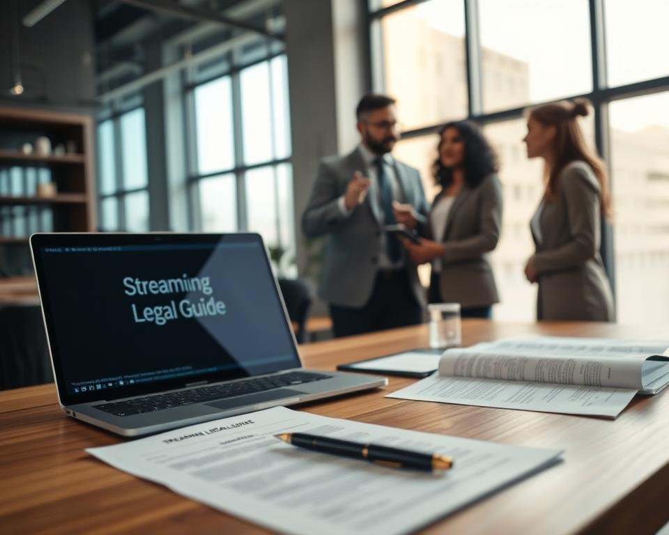 A professional workspace showcasing the legal aspects of streaming. In the foreground, a sleek wooden desk features a laptop open to a streaming legal guide, surrounded by legal documents and a pen. Papers are neatly organized to reflect a meticulous approach to legal compliance. In the middle ground, a diverse group of two professional individuals, one man and one woman, are engaged in a focused discussion. They are dressed in professional business attire, conveying seriousness and expertise. The background consists of a modern office with a large window letting in soft, natural light, illuminating the space and casting a warm glow. The atmosphere is serious yet collaborative, highlighting the importance of understanding legal issues in the streaming industry.