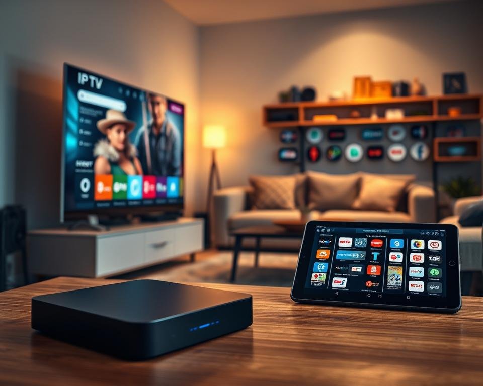 A serene home environment showcasing a diverse array of streaming devices. In the foreground, a sleek, modern smart TV displays an IPTV interface with vibrant colors. To the left, a stylish streaming box is elegantly set beside the TV, while on the right, a tablet and smartphone are placed on a coffee table, each showing various compatible apps. The middle ground features a cozy living room with a plush sofa and warm ambiance from soft, golden lighting, creating an inviting atmosphere. In the background, a shelf holds a collection of popular streaming service logos, subtly hinting at compatibility. The scene is captured from a slightly elevated angle to give a comprehensive view, emphasizing tech integration in everyday life.