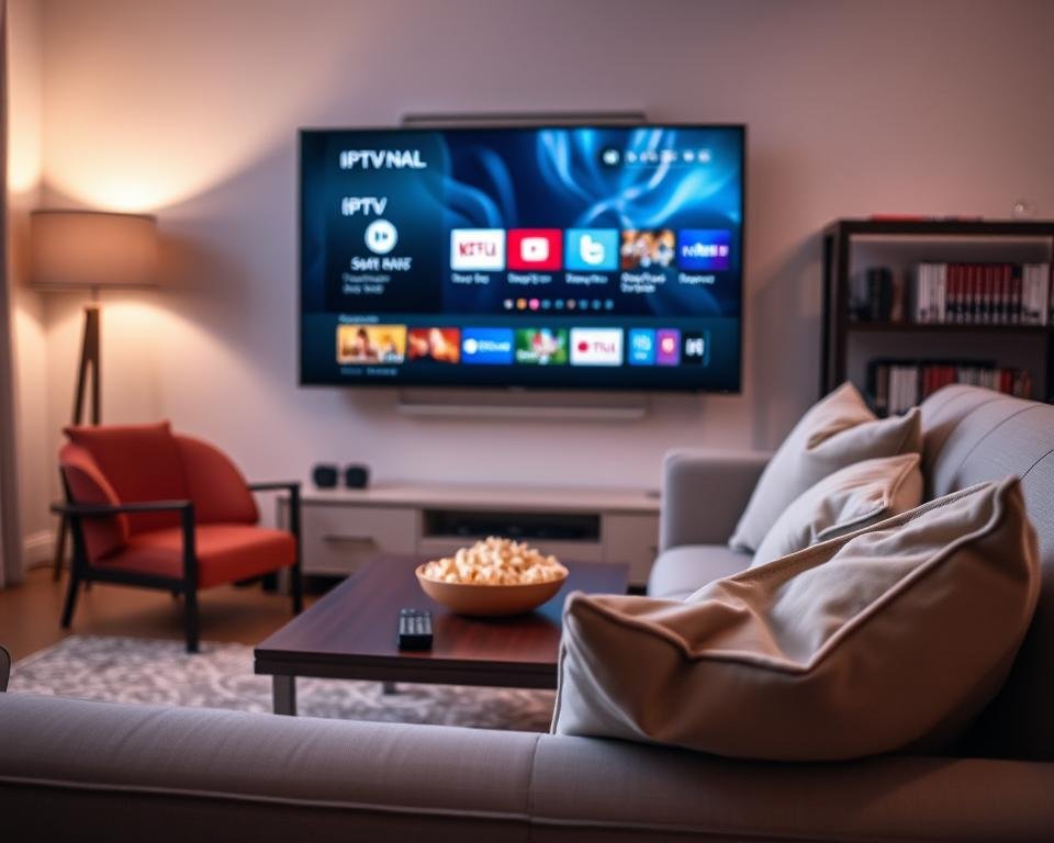 A serene living room setting with a modern flat-screen TV displaying a vibrant IPTV interface. In the foreground, a comfortable couch adorned with soft throw pillows invites relaxation. A stylish coffee table holds a remote control and a bowl of popcorn, suggesting a cozy movie night. In the middle, a framed window reveals a soft, natural light streaming in, creating an inviting ambiance. The background features a neatly arranged shelf with DVDs and books, complementing the modern decor. The overall atmosphere is warm and welcoming, emphasizing comfort and accessibility. Use soft, diffused lighting to enhance the inviting mood, shot from a slight angle to capture the room's depth and connectivity.