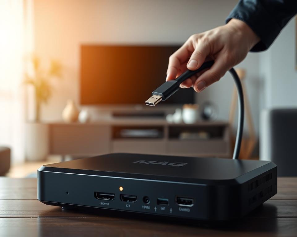 A sleek Android MAG configuration box sits prominently in the foreground, showcasing its modern design with rounded edges and a shiny black finish. The device displays various ports and a subtle LED indicator. In the middle ground, a professional-looking hand connects an HDMI cable, emphasizing the setup process. Behind, a softly blurred living room scene features a contemporary TV and a stylish entertainment center with minimalistic decor, bathed in warm, inviting light. The atmosphere is focused and tech-savvy, hinting at an efficient IPTV setup. The image is taken from a slightly elevated angle, highlighting both the box and the connection process, creating a sense of engagement and clarity. A sleek Android MAG configuration box sits prominently in the foreground, showcasing its modern design with rounded edges and a shiny black finish. The device displays various ports and a subtle LED indicator. In the middle ground, a professional-looking hand connects an HDMI cable, emphasizing the setup process. Behind, a softly blurred living room scene features a contemporary TV and a stylish entertainment center with minimalistic decor, bathed in warm, inviting light. The atmosphere is focused and tech-savvy, hinting at an efficient IPTV setup. The image is taken from a slightly elevated angle, highlighting both the box and the connection process, creating a sense of engagement and clarity.