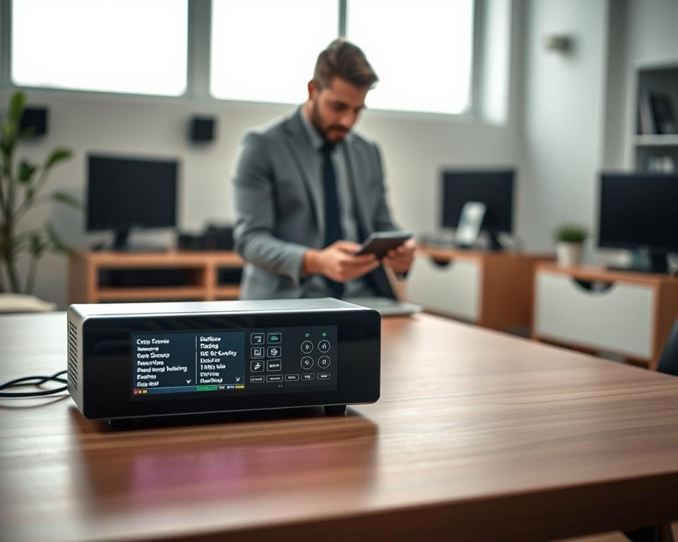 A sleek MAG configuration box sits prominently on a clean, modern wooden desk in a well-lit room. In the foreground, focus on the box’s digital display with dynamic settings illuminated, showcasing vivid colors and clear parameters. In the middle ground, a professional individual, dressed in smart casual attire, attentively interacts with the device, their expression conveying concentration and expertise. The background features a soft-focus view of a tech-inspired room with minimalistic furniture and tech gadgets, emphasizing a contemporary atmosphere. The lighting is bright yet soft, creating a welcoming and sophisticated ambiance suitable for a technical setup. The angle is slightly above eye level, providing a clear perspective of both the configuration box and the user's engagement.