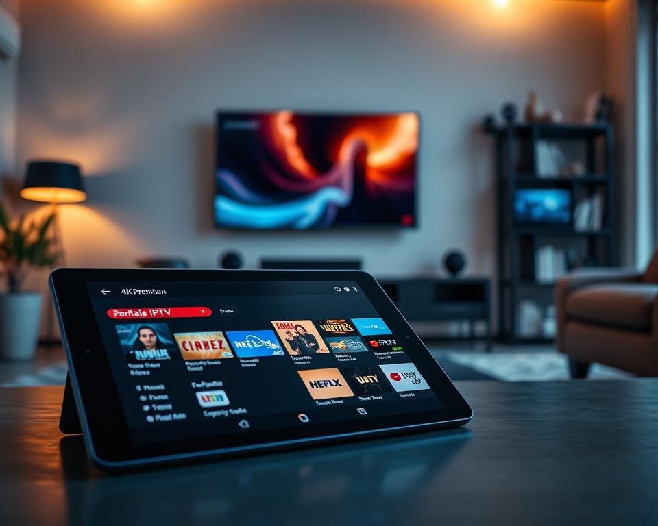 A sleek and modern digital interface showcasing "Forfaits IPTV 4K Premium," prominently displayed in the foreground on a stylish tablet. The tablet is tilted slightly, revealing a vibrant menu of channels and streaming options illuminated in high resolution. In the middle ground, a stylish living room setting features a large flat-screen TV mounted on the wall, showing dynamic visuals typical of 4K content. Soft, warm ambient lighting bathes the scene, creating a cozy atmosphere. In the background, a contemporary bookshelf is partially visible, adding sophistication to the setting. The scene is shot from a low angle to emphasize the technology, conveying a sense of innovation and premium quality. The overall mood is inviting and modern, appealing to tech-savvy viewers seeking superior IPTV experiences. A sleek and modern digital interface showcasing "Forfaits IPTV 4K Premium," prominently displayed in the foreground on a stylish tablet. The tablet is tilted slightly, revealing a vibrant menu of channels and streaming options illuminated in high resolution. In the middle ground, a stylish living room setting features a large flat-screen TV mounted on the wall, showing dynamic visuals typical of 4K content. Soft, warm ambient lighting bathes the scene, creating a cozy atmosphere. In the background, a contemporary bookshelf is partially visible, adding sophistication to the setting. The scene is shot from a low angle to emphasize the technology, conveying a sense of innovation and premium quality. The overall mood is inviting and modern, appealing to tech-savvy viewers seeking superior IPTV experiences.