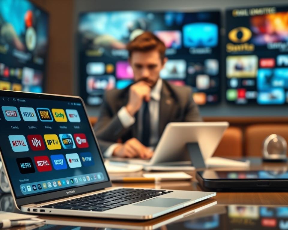 A sleek and modern digital workspace showcasing IPTV subscription offers. In the foreground, a stylish laptop displaying colorful streaming service logos, surrounded by notes and a tablet. The middle ground features a blurred view of a person in professional business attire, thoughtfully analyzing data on their screen, with a soft focus on their face. In the background, vibrant streaming graphics, such as movie reel icons and play buttons, create an engaging visual narrative. The lighting is bright and inviting, with reflections highlighting the gadgets, creating a dynamic atmosphere. The composition emphasizes action and insight into the world of complementary IPTV offers.