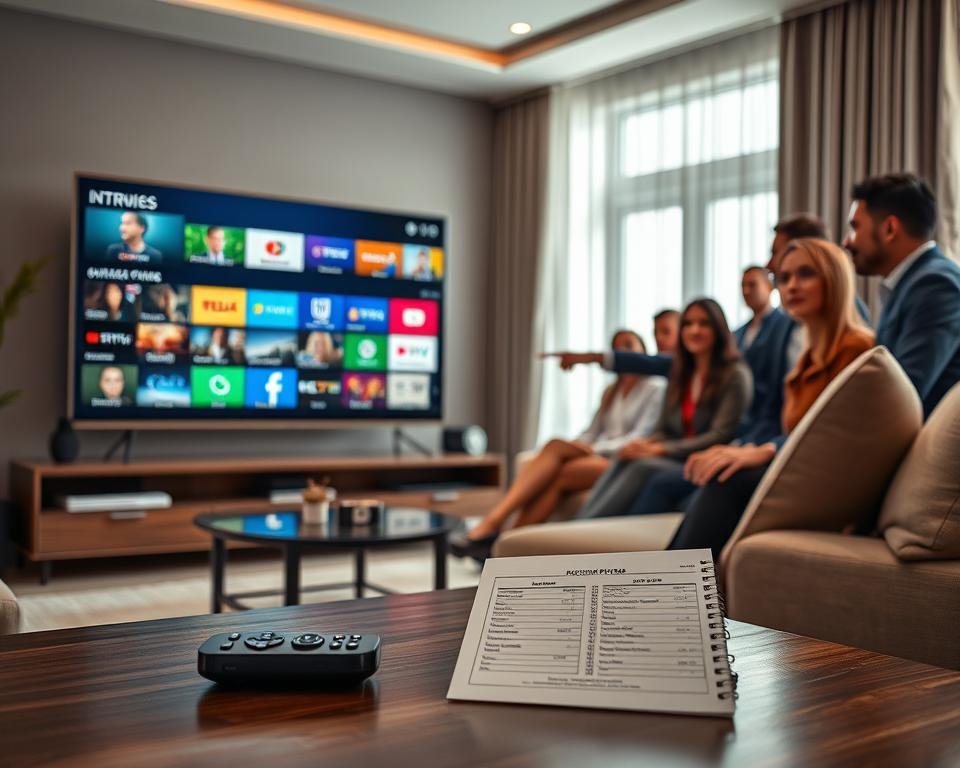 A sleek and modern living room setting featuring a large flat-screen TV displaying an array of colorful streaming options, symbolizing various television and internet subscription services. In the foreground, a stylish coffee table with a remote control and a notepad showcasing pricing plans. The middle ground includes a comfortable sofa with plush cushions, where a diverse group of professionals in smart casual clothing are engaged in discussion, pointing at the TV. The background shows a bright window with natural light pouring in, creating a warm and inviting atmosphere. The overall mood is focused and dynamic, capturing the essence of subscription options for modern entertainment. Crisp details, soft lighting, and a slight depth of field effect enhance the image’s clarity and intrigue. A sleek and modern living room setting featuring a large flat-screen TV displaying an array of colorful streaming options, symbolizing various television and internet subscription services. In the foreground, a stylish coffee table with a remote control and a notepad showcasing pricing plans. The middle ground includes a comfortable sofa with plush cushions, where a diverse group of professionals in smart casual clothing are engaged in discussion, pointing at the TV. The background shows a bright window with natural light pouring in, creating a warm and inviting atmosphere. The overall mood is focused and dynamic, capturing the essence of subscription options for modern entertainment. Crisp details, soft lighting, and a slight depth of field effect enhance the image’s clarity and intrigue.