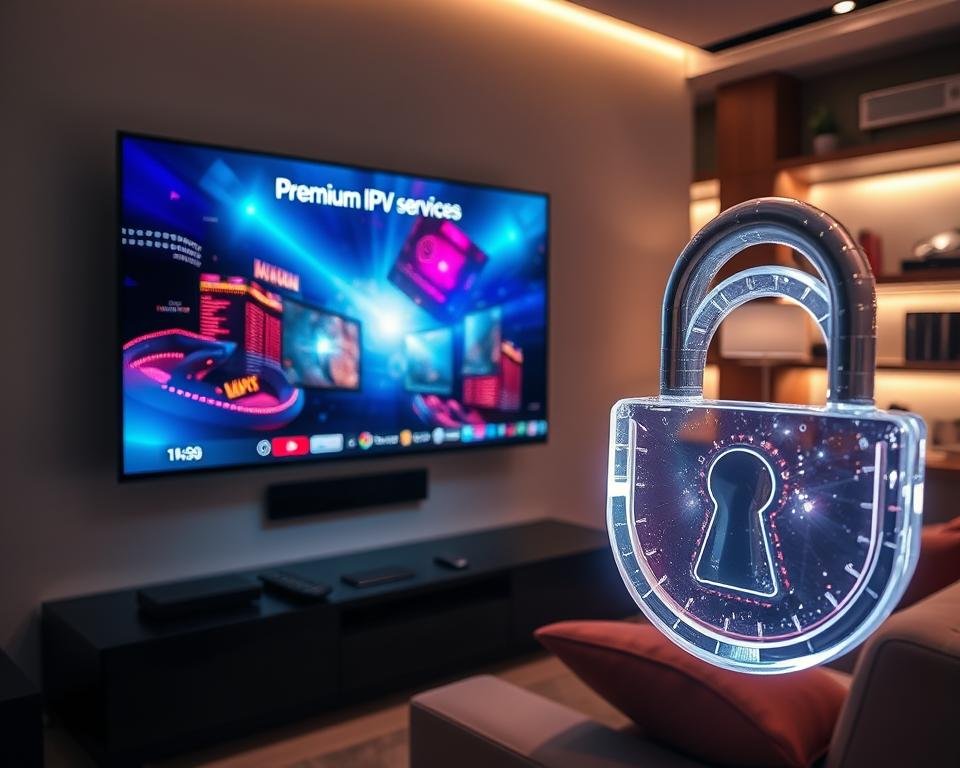 A sleek and modern living room with a high-end television displaying vibrant visuals related to premium IPTV services, emphasizing security features. In the foreground, a crystal-clear digital lock symbol glows prominently, symbolizing security guarantees. The middle layer includes a stylish entertainment unit with various devices, smart remotes, and a comfortable sofa. In the background, softly illuminated shelves showcase technology-related books and accessories, with ambient lighting creating a warm, inviting atmosphere. The lighting is soft but focused, casting gentle shadows to enhance depth. The overall mood is professional yet cozy, reflecting trust and innovation in home entertainment technology.