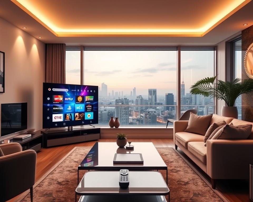 A sleek digital interface showcasing the functionalities of Cover IPTV, set in a modern living room. In the foreground, a large smart TV displays multiple streaming icons and channels, radiating vibrant colors. The middle ground features a stylish coffee table with a remote control and a tablet, hinting at user interaction. Soft, ambient lighting fills the room, highlighting a cozy sofa and decor, creating a warm atmosphere. The background reveals a large window with a view of a city skyline at dusk, subtly illuminated. The scene conveys a sense of advanced technology and comfort, reflecting the seamless integration of IPTV into everyday life, emphasizing the ease and enjoyment it brings to viewers. A sleek digital interface showcasing the functionalities of Cover IPTV, set in a modern living room. In the foreground, a large smart TV displays multiple streaming icons and channels, radiating vibrant colors. The middle ground features a stylish coffee table with a remote control and a tablet, hinting at user interaction. Soft, ambient lighting fills the room, highlighting a cozy sofa and decor, creating a warm atmosphere. The background reveals a large window with a view of a city skyline at dusk, subtly illuminated. The scene conveys a sense of advanced technology and comfort, reflecting the seamless integration of IPTV into everyday life, emphasizing the ease and enjoyment it brings to viewers.
