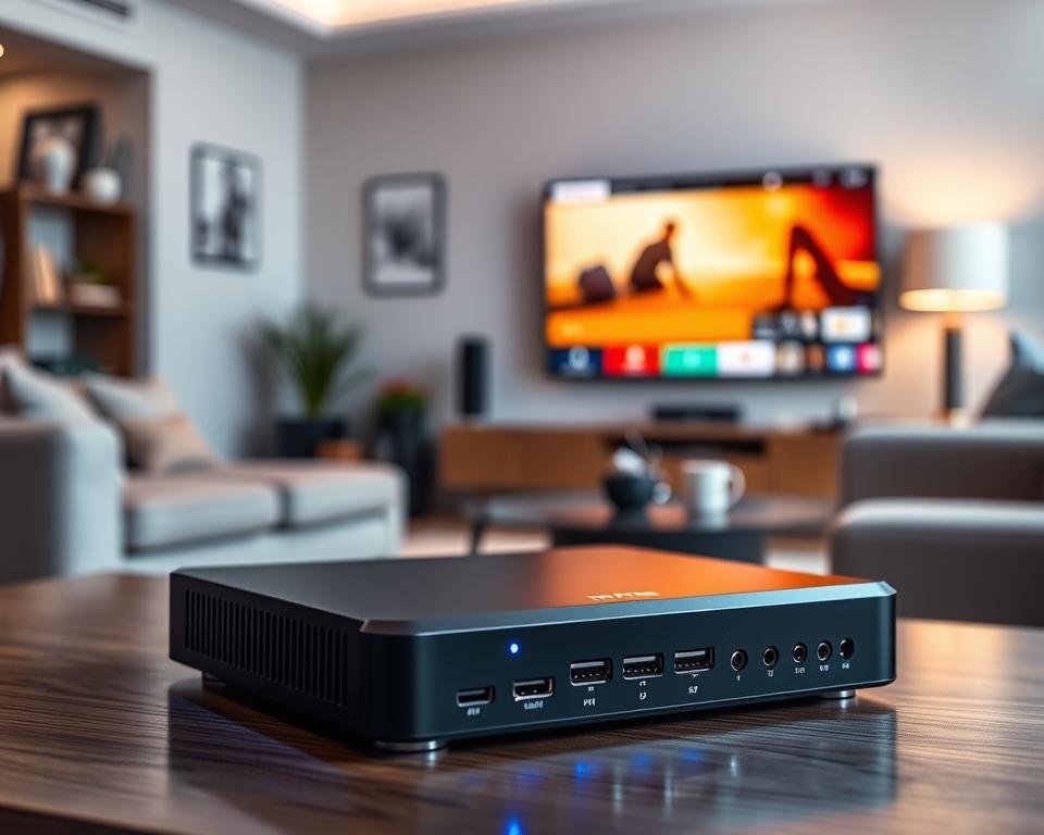 A sleek, modern MAG configuration box sits prominently in the foreground, showcasing its elegant design with a glossy black finish and soft blue LED indicators glowing softly. The middle ground features a stylish living room setting, with a cozy sofa and a large flat-screen TV displaying a vibrant IPTV interface. In the background, a warm, inviting atmosphere is created with ambient lighting and subtle home decor. The focus is on the configuration box, capturing its ports and buttons with clarity, shot at a slight angle for dimensionality. The mood is tech-savvy and relaxed, ideal for illustrating the use of technology in home entertainment.