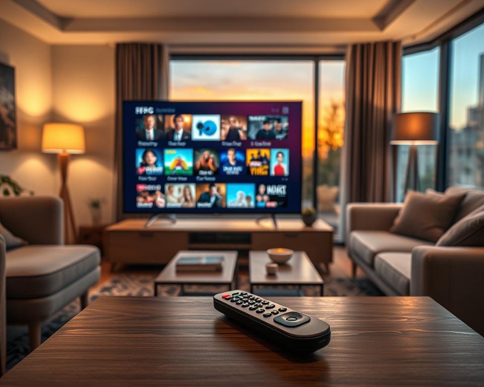 A sleek, modern electronic program guide (EPG) interface displayed on a large flat-screen television, featuring vibrant thumbnails of popular TV shows and movies. In the foreground, a stylish remote control rests on a contemporary coffee table, indicating user engagement. The middle ground showcases a cozy living room setting with comfortable furniture, soft lighting from a floor lamp, and warm wooden accents. In the background, a large window reveals a sunset, casting a golden hue that enhances the inviting atmosphere. The scene conveys a sense of relaxation and enjoyment, emphasizing the exclusive benefits of an IPTV service through a contemporary design and inviting color palette. The lighting is soft and intimate, reflecting a premium viewing experience.