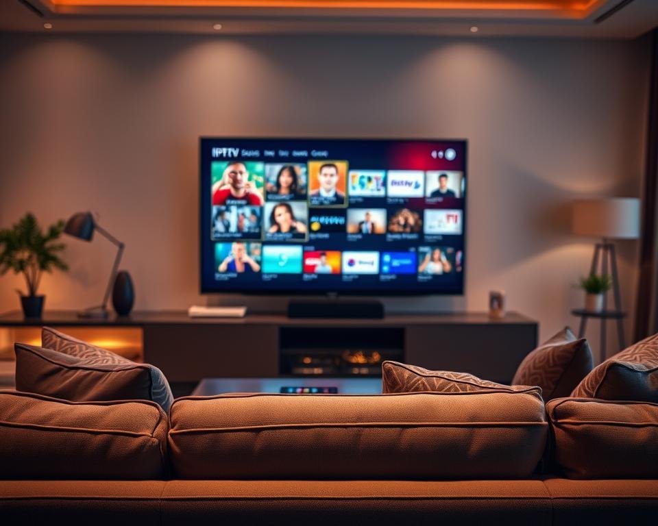 A sleek, modern living room environment showcasing a high-definition television displaying various streaming content, symbolizing reliable and uninterrupted IPTV service. In the foreground, a stylish, comfortable couch with decorative cushions invites viewers to relax. The middle ground features the TV with vibrant visuals emphasizing clarity and quality, while a set-top box gleams on a nearby shelf, suggesting advanced technology. The background is softly lit with warm, welcoming lights accentuating the cozy atmosphere, creating an inviting ambiance. The overall mood is one of comfort and security, portraying a sense of satisfaction with seamless streaming. Use a soft focus on the background to draw attention to the TV and its content, while ensuring the image remains clean and professional.
