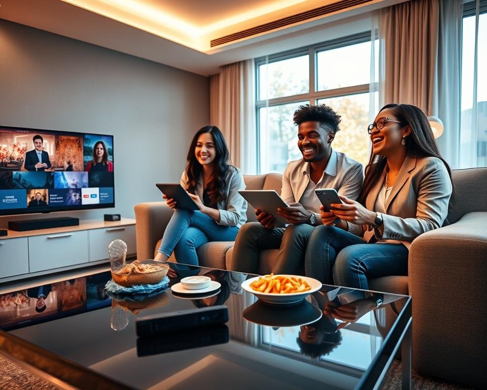 A sleek modern living room featuring a diverse group of four individuals engaged in streaming content across various devices like a smart TV, tablet, laptop, and smartphone, showcasing total platform compatibility. The foreground includes a stylish coffee table with a remote and snacks, while the background reveals a cozy couch and a large window letting in warm, natural light. The individuals, dressed in casual yet professional attire, exhibit expressions of joy and excitement. The scene has a vibrant and lively atmosphere, with soft lighting creating an inviting feel. A wide-angle perspective captures the entire room, emphasizing the harmony of technology and social interaction in contemporary living spaces.