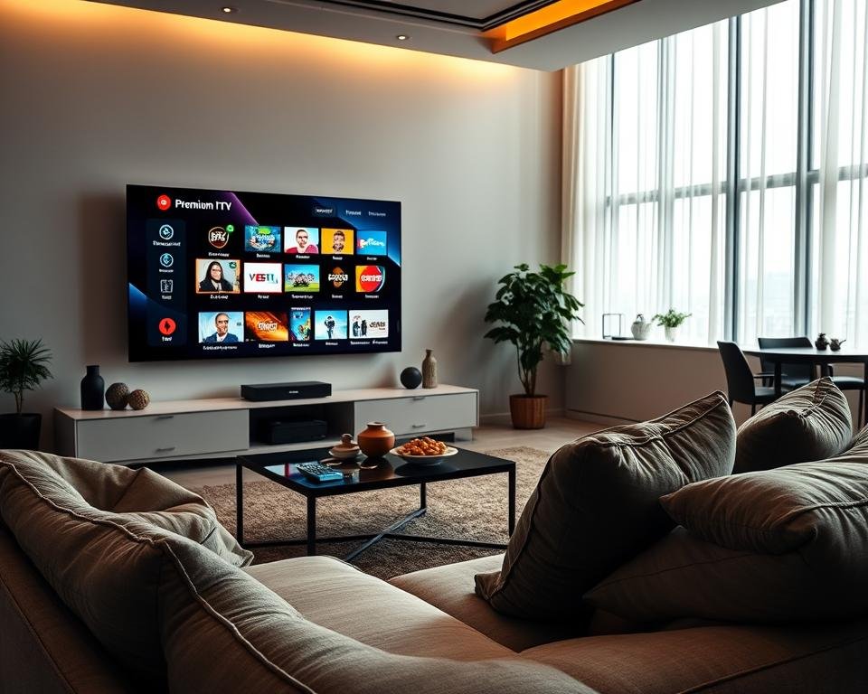 A sleek, modern living room featuring a high-end television displaying a vibrant interface of premium IPTV channels. In the foreground, a plush, stylish sofa invites viewers, adorned with decorative cushions. The middle ground highlights an elegant coffee table with a remote control and snacks, suggesting comfort while enjoying entertainment. The background showcases a well-lit room with ambient lighting, creating a warm and inviting atmosphere. Soft light streams through large windows, illuminating the space and casting gentle shadows. The overall mood combines sophistication and relaxation, illustrating a perfect setting for enjoying VIP IPTV services.