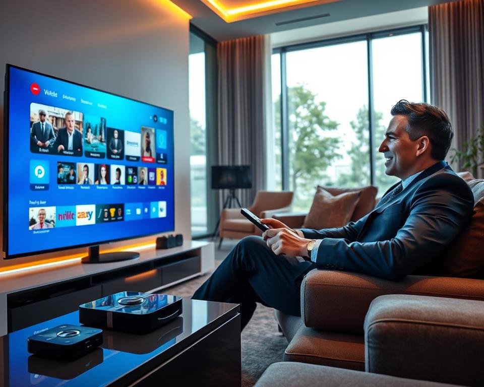 A sleek, modern living room filled with advanced electronic devices showcasing the concept of premium technology in IPTV. In the foreground, a large, high-definition screen displays a vibrant streaming interface with various show thumbnails. A stylish smart TV console holds additional tech gadgets, illuminated by soft, warm ambient lighting. In the middle ground, a well-dressed individual is seated comfortably on a plush sofa, holding a remote control and looking content while navigating through the channels. In the background, large windows allow natural light to pour in, highlighting the contemporary design of the room and creating an inviting atmosphere. The overall mood is sophisticated and futuristic, conveying the smooth operation and appeal of VIP IPTV services.