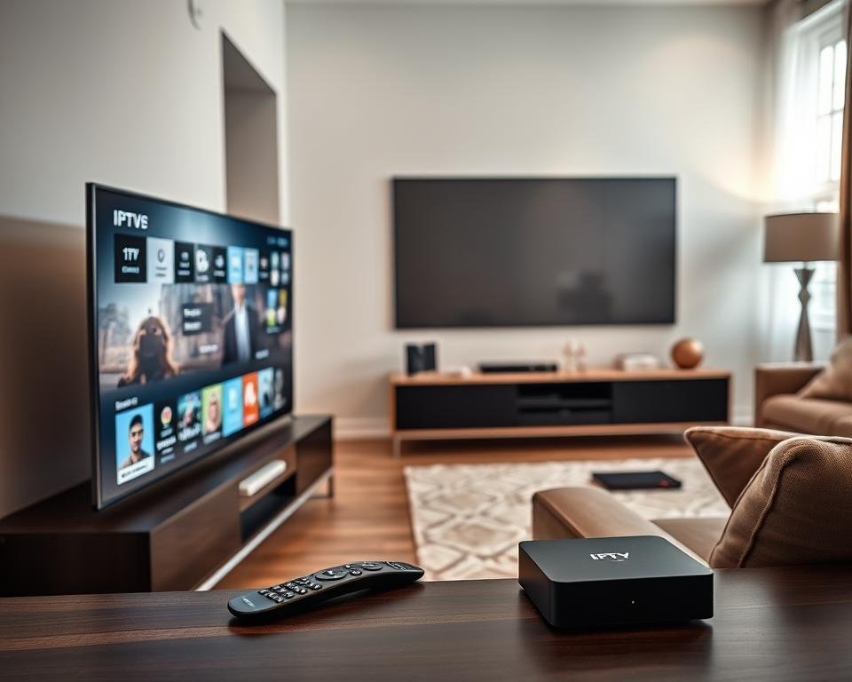 A sleek, modern living room showcasing a simple IPTV installation setup. In the foreground, a sophisticated television displays a vivid screen showing various IPTV channels, with a slim remote placed next to it. The middle ground features a stylish entertainment center with neatly arranged cables and a compact streaming device. Soft, diffused lighting from a nearby window creates a warm and inviting atmosphere, highlighting the cleanliness of the space. In the background, a cozy sofa and decorative elements add to the homey feel. Capture the scene from a slight angle to emphasize depth, using a wide-angle lens to enhance the spaciousness, evoking a mood of comfort, ease, and modern technology.