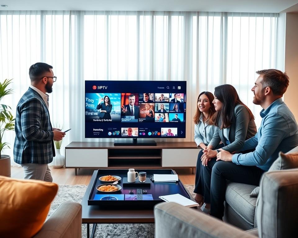 A sleek, modern living room with a large flat-screen TV displaying vibrant IPTV content. In the foreground, a diverse group of three professionals—two men and one woman—are attentively engaging with the TV, their expressions filled with excitement and curiosity. They are dressed in business casual attire, showcasing a modern and approachable look. The middle layer features a stylish coffee table with remote controls, snacks, and a notepad, emphasizing the social aspect of watching IPTV together. The background includes a large window with soft, natural light pouring in, creating a warm and inviting atmosphere. The overall mood is relaxed yet productive, capturing the essence of discovering the benefits of a free IPTV trial.