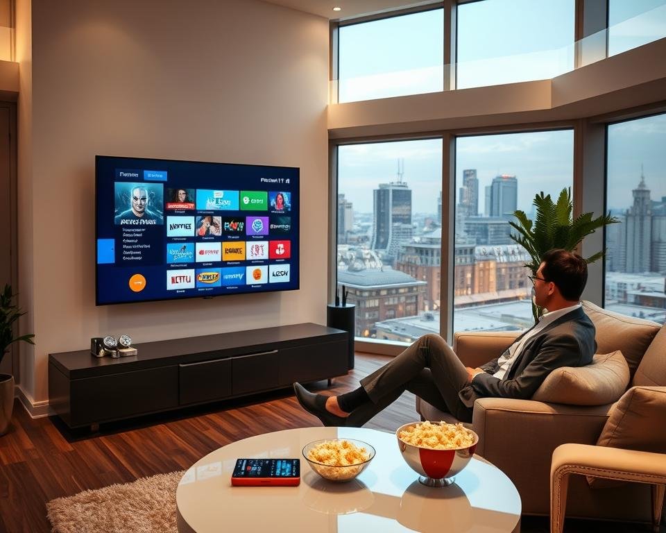 A sleek, modern living room with a large flat-screen TV prominently displaying an array of colorful streaming icons, symbolizing premium IPTV services. In the foreground, a professional individual in smart casual attire sits comfortably on a stylish couch, engrossed in selecting content. The middle ground features elegant decor, such as a coffee table with a few tech gadgets and a bowl of popcorn, hinting at a cozy viewing experience. Soft, ambient lighting illuminates the room, creating a warm and inviting atmosphere. In the background, large windows reveal a cityscape, suggesting a contemporary urban environment. The overall mood conveys the excitement and benefits of premium streaming services, highlighting convenience and entertainment without any textual elements or distractions.