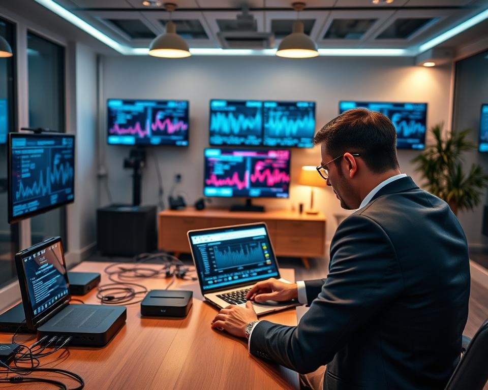 A sleek, modern office environment depicting a professional conducting an IPTV test. In the foreground, a well-dressed individual sits at a desk, focused on a laptop, displaying connectivity metrics related to IPTV services. The middle ground features various devices—smart TV, tablet, and IPTV box—surrounded by cable connections, indicating a comprehensive setup for testing. The background reveals a well-organized tech workspace with digital screens showing broadcast signals and network graphs, illuminated by soft, ambient lighting from overhead fixtures. The atmosphere conveys a sense of precision and technological advancement, capturing the essence of an IPTV testing process, emphasizing clarity and professionalism.