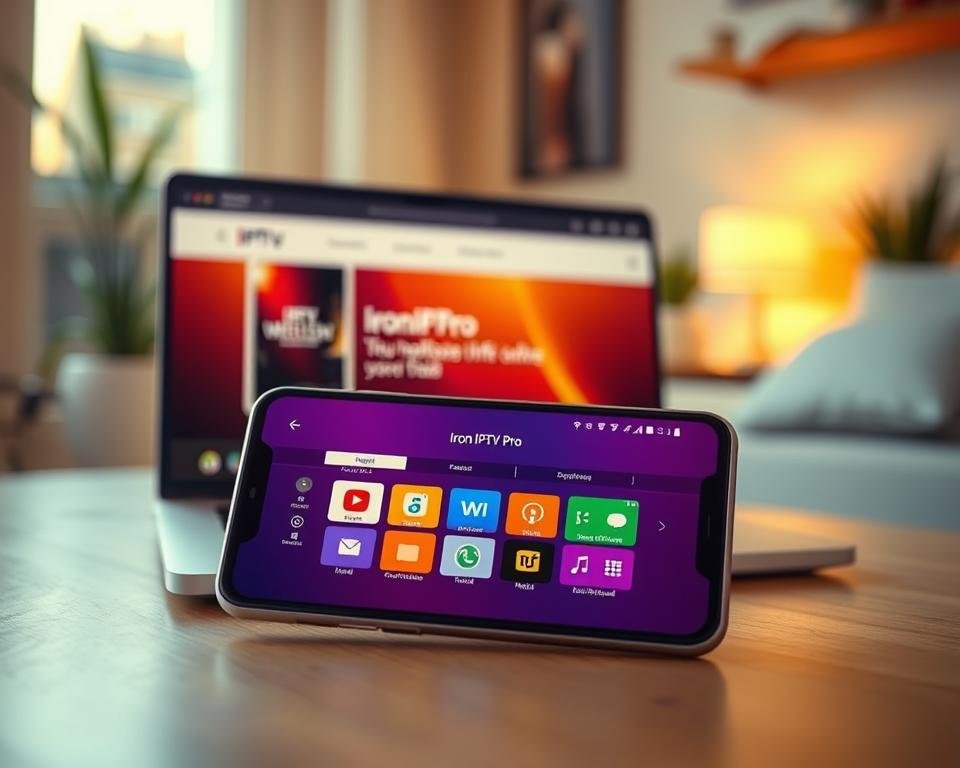 A sleek, modern smartphone displaying the Iron IPTV Pro APK download interface, prominently placed in the foreground. The phone is angled slightly to showcase the vibrant colors and icons of the app. In the middle ground, a blurred laptop screen features an installation guide, hinting at the process of downloading the application. The background is a cozy home environment with soft, ambient lighting that creates a warm atmosphere, suggesting a relaxed viewing experience. The scene is well-lit, mimicking a golden hour glow, and is captured from a slightly elevated angle to emphasize the phone's screen. The overall mood is tech-savvy and inviting, perfect for illustrating the theme of downloading the app.