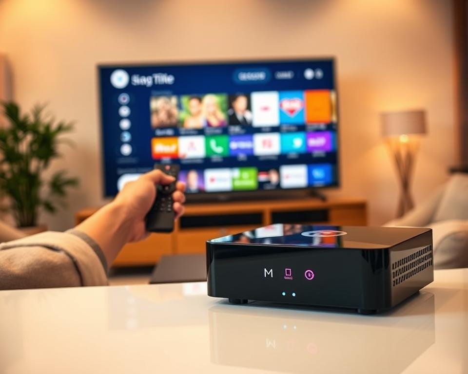 A stylish MAG box positioned prominently in the foreground, showcasing its sleek, modern design with a glossy black finish and minimalist interface. The middle ground features a subtle hand interacting with the remote control, while a television screen displays a vibrant IPTV interface filled with colorful icons representing various channels. In the background, a softly lit living room creates a cozy atmosphere, decorated with warm colors and soft furnishings, exuding a sense of modern home comfort. The lighting is soft yet focused, highlighting the technology and creating a welcoming environment. The overall mood is inviting and tech-savvy, perfectly representing the concept of configuring an IPTV setup.
