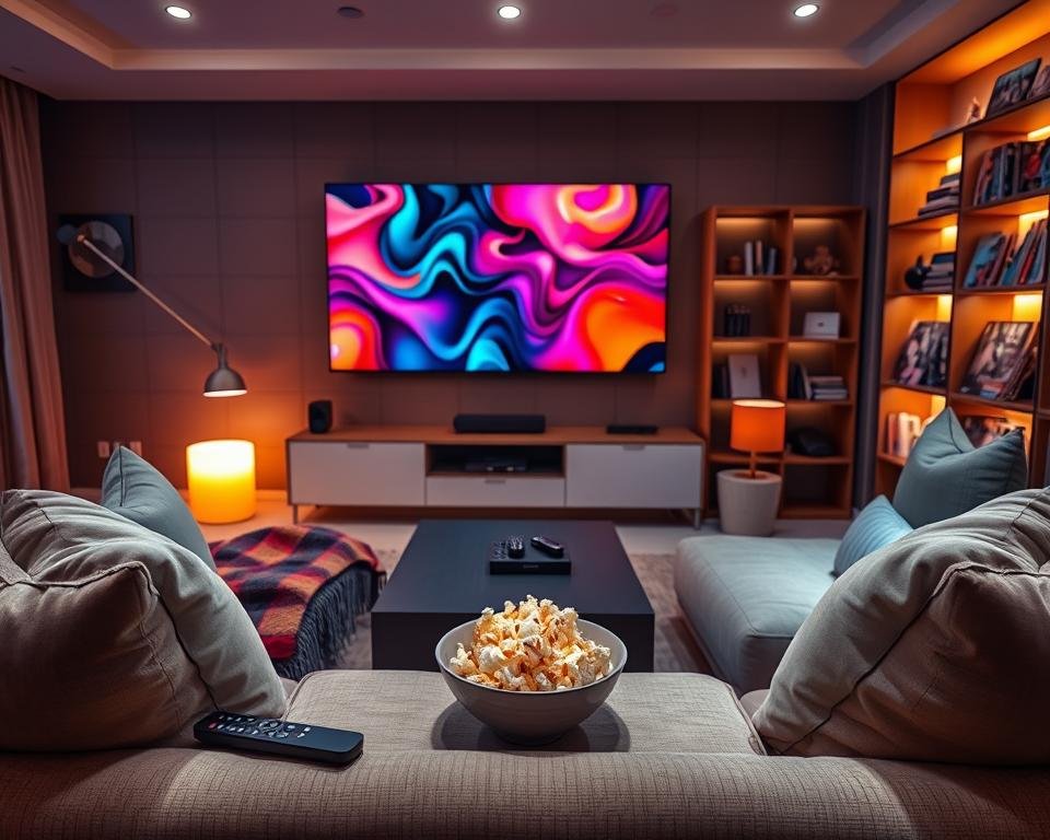 A vibrant and engaging scene depicting a modern living room designed for entertainment. In the foreground, a cozy sofa with plush cushions, draped in a colorful throw blanket, invites viewers to relax. On the coffee table, there are sleek remote controls and a stylish snack bowl filled with popcorn. The middle ground features a large flat-screen TV displaying a vibrant array of abstract art, representing a diverse selection of adult entertainment channels. In the background, softly illuminated bookshelves hold a variety of magazines and stylish decor. The room is warmly lit with soft, ambient lighting creating an inviting atmosphere, captured from a slight angle to enhance depth and perspective. The mood is relaxed and sophisticated, highlighting a tasteful approach to adult content.