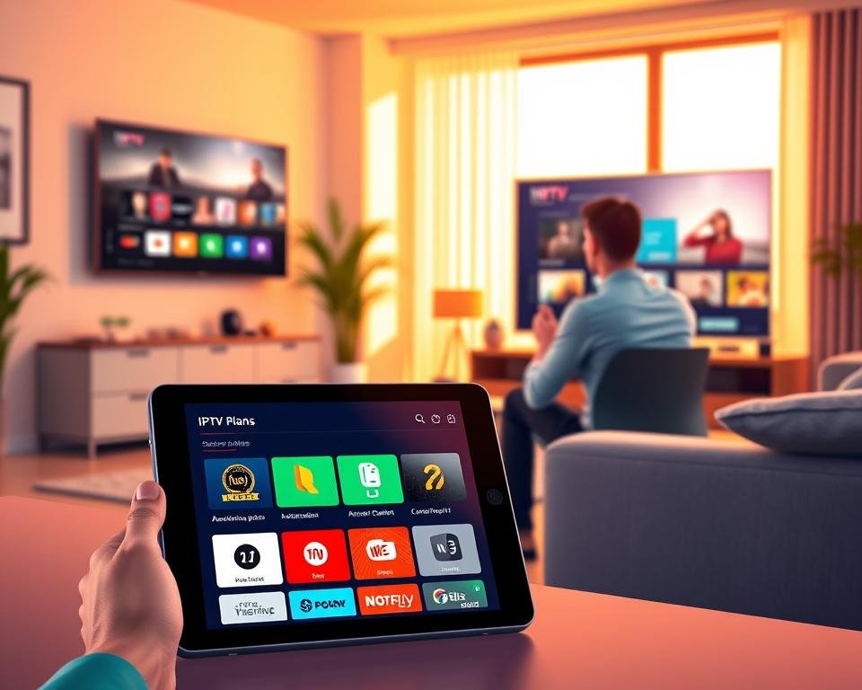 A vibrant and modern digital illustration showcasing IPTV subscription plans. In the foreground, display a sleek digital tablet featuring a visually engaging interface of IPTV options with colorful icons representing different channels and packages. In the middle ground, incorporate a casually dressed young professional sitting at a stylish home office desk, analyzing the IPTV options on the tablet, exuding a sense of convenience and choice. The background should feature a contemporary living room with a large flat-screen TV displaying a streaming service interface, softly lit by warm natural light coming from a window. The overall atmosphere should evoke a sense of comfort and modern technology, emphasizing the benefits of IPTV in everyday life. A vibrant and modern digital illustration showcasing IPTV subscription plans. In the foreground, display a sleek digital tablet featuring a visually engaging interface of IPTV options with colorful icons representing different channels and packages. In the middle ground, incorporate a casually dressed young professional sitting at a stylish home office desk, analyzing the IPTV options on the tablet, exuding a sense of convenience and choice. The background should feature a contemporary living room with a large flat-screen TV displaying a streaming service interface, softly lit by warm natural light coming from a window. The overall atmosphere should evoke a sense of comfort and modern technology, emphasizing the benefits of IPTV in everyday life.