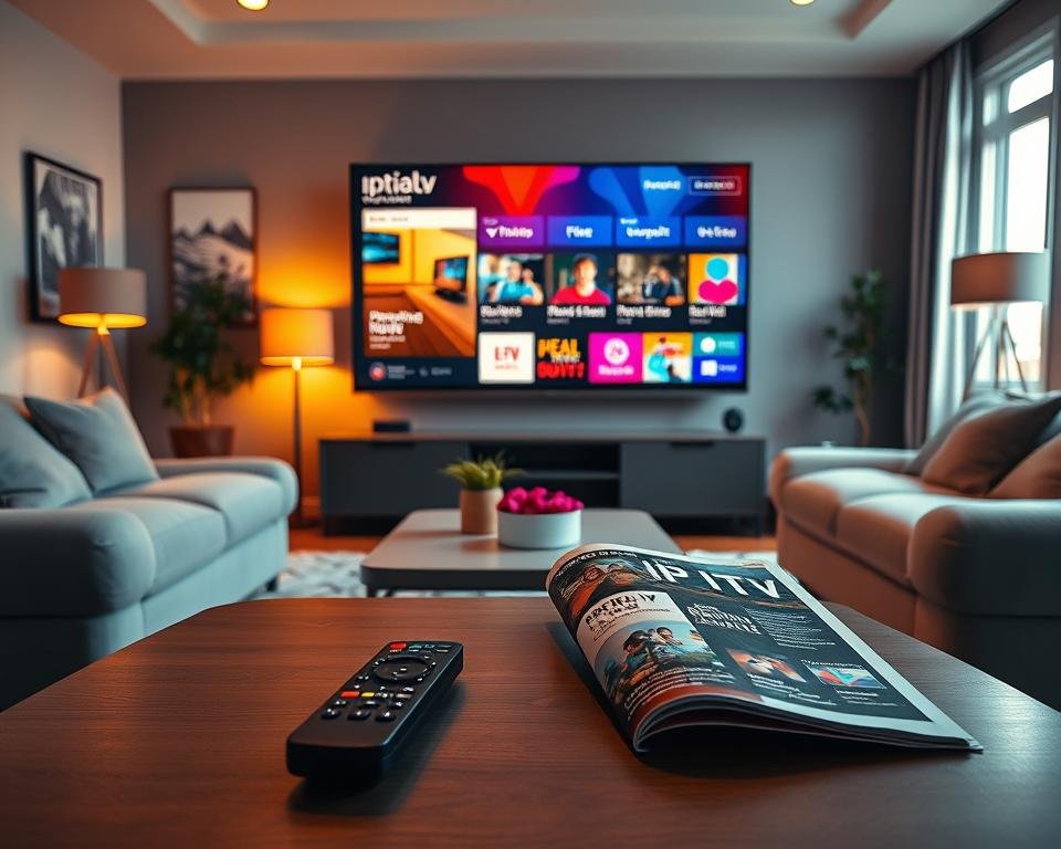 A vibrant and modern living room setting showcases a sleek flat-screen television displaying various IPTV subscription options. In the foreground, a stylish coffee table is adorned with a remote control and an open brochure featuring premium TV subscription packages. The middle ground features plush sofas and a cozy atmosphere enhanced by soft, warm lighting that spills from floor lamps. Artful wall decor hints at a contemporary style. In the background, a window allows natural light to filter in, creating an inviting ambiance. The overall mood is relaxed yet engaging, suggesting a high-tech entertainment experience at home. Capture this scene from a slightly elevated angle to provide a sense of depth and a broad view of the space, emphasizing comfort and modernity.
