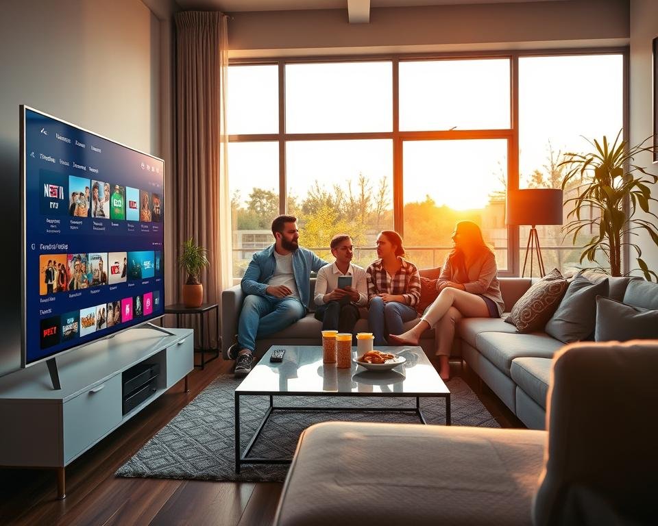 A vibrant, engaging scene depicting the advantages of internet TV services, centered around a modern living room. In the foreground, a sleek television displays colorful streaming options, reflecting a user-friendly interface. A cozy couch with a family seated comfortably, dressed in smart casual clothing, enjoying their viewing experience together, demonstrates the appeal of Nox IPTV. In the middle ground, elements such as a stylish coffee table with snacks and a remote control enhance the relaxed atmosphere. The background features large windows allowing warm, natural light to flood the room, creating a welcoming mood. The overall composition conveys a sense of community and enjoyment, focusing on the benefits of convenience and variety that Nox IPTV offers. The perspective is at eye level, inviting viewers into the scene. A vibrant, engaging scene depicting the advantages of internet TV services, centered around a modern living room. In the foreground, a sleek television displays colorful streaming options, reflecting a user-friendly interface. A cozy couch with a family seated comfortably, dressed in smart casual clothing, enjoying their viewing experience together, demonstrates the appeal of Nox IPTV. In the middle ground, elements such as a stylish coffee table with snacks and a remote control enhance the relaxed atmosphere. The background features large windows allowing warm, natural light to flood the room, creating a welcoming mood. The overall composition conveys a sense of community and enjoyment, focusing on the benefits of convenience and variety that Nox IPTV offers. The perspective is at eye level, inviting viewers into the scene.