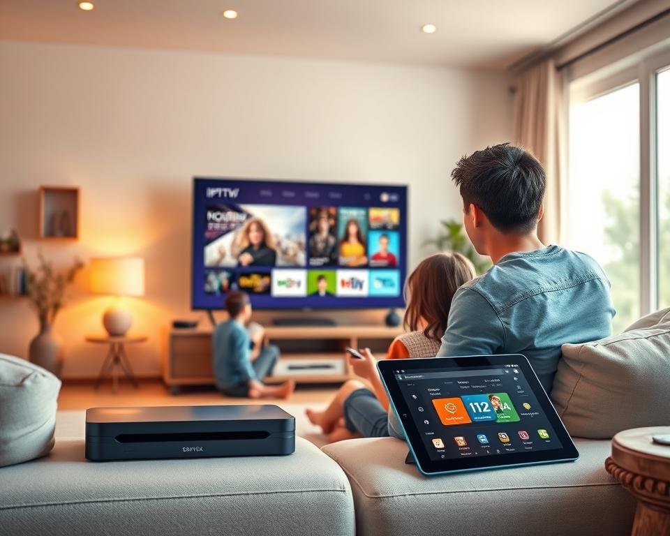 A vibrant illustration depicting the advantages of IPTV service. In the foreground, a family of four is comfortably gathered around a modern living room setup, engaging with a smart TV displaying a variety of entertainment options. The middle ground features sleek streaming devices and a tablet showcasing user-friendly interfaces. In the background, a cozy home environment with warm lighting creates a welcoming atmosphere, enhanced by soft, natural daylight filtering through large windows. The scene conveys a sense of connectivity and ease, reflecting a digital lifestyle. The composition should have a cinematic angle, emphasizing the interaction of technology and family life, with a focus on joy and convenience. A vibrant illustration depicting the advantages of IPTV service. In the foreground, a family of four is comfortably gathered around a modern living room setup, engaging with a smart TV displaying a variety of entertainment options. The middle ground features sleek streaming devices and a tablet showcasing user-friendly interfaces. In the background, a cozy home environment with warm lighting creates a welcoming atmosphere, enhanced by soft, natural daylight filtering through large windows. The scene conveys a sense of connectivity and ease, reflecting a digital lifestyle. The composition should have a cinematic angle, emphasizing the interaction of technology and family life, with a focus on joy and convenience.