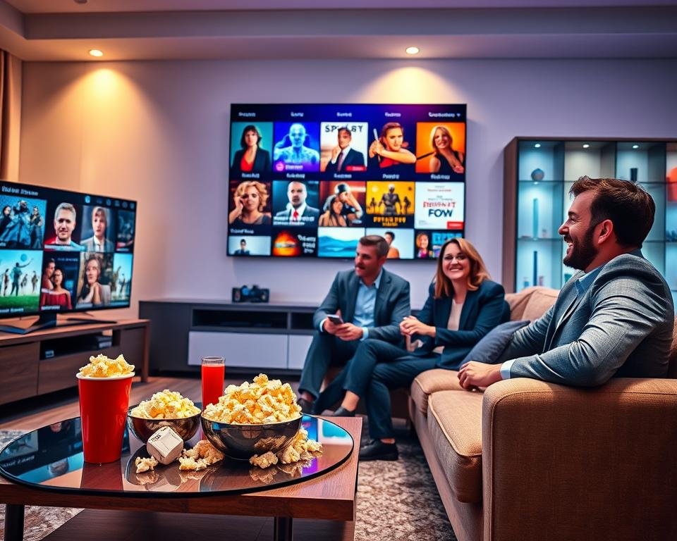 A vibrant living room setting featuring a high-definition television displaying colorful IPTV content, showcasing various genres like movies, sports, and documentaries. In the foreground, a stylish coffee table adorned with popcorn and drinks sets a relaxed mood. In the middle, a cozy sofa with professional business attire-clad individuals, engaged in an animated discussion about the IPTV service, smiling and enjoying the experience. The background reveals a warm ambiance with soft lighting, evoking a sense of comfort and enjoyment. A beautifully designed entertainment unit is visible, enhancing the modern aesthetic. The overall atmosphere is inviting and lively, emphasizing the exceptional benefits of the IPTV service in providing an extraordinary TV experience.
