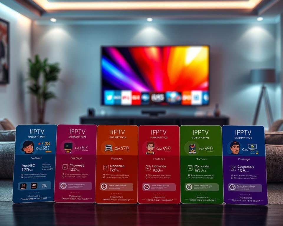 A visually appealing and informative illustration showcasing various television subscription packages, represented as colorful, modern cards displaying hypothetical pricing and features relevant to IPTV services in France. In the foreground, focus on several elegantly designed subscription cards with icons representing features such as HD channels, on-demand content, and customer support. The middle ground includes a sleek, contemporary living room setting with a large television displaying vibrant colors, symbolizing the viewing experience. The background should subtly depict a stylish living area with soft ambient lighting, creating a cozy atmosphere. Shoot from a slightly elevated angle to emphasize the subscription cards in the foreground while capturing the inviting living space. The overall mood is professional and modern, reflecting the theme of digital entertainment.
