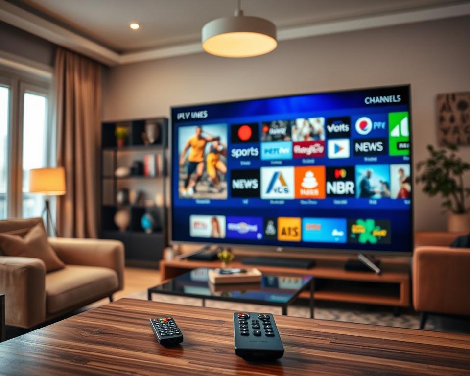 A visually appealing and informative image showcasing the diverse content and channels available through IPTV services in France. In the foreground, a sleek modern television displays various vibrant IPTV channel icons, symbolizing movies, sports, news, and entertainment. In the middle ground, a stylish living room setting with comfortable furniture invites viewers in, complemented by a remote control on a coffee table, hinting at ease of use. The background features a cozy ambiance with soft lighting, accentuating a welcoming atmosphere. The image should be captured from a slightly elevated angle to provide depth, creating an engaging visual narrative. Aim for a warm and inviting mood, reflecting the excitement and accessibility of IPTV content. A visually appealing and informative image showcasing the diverse content and channels available through IPTV services in France. In the foreground, a sleek modern television displays various vibrant IPTV channel icons, symbolizing movies, sports, news, and entertainment. In the middle ground, a stylish living room setting with comfortable furniture invites viewers in, complemented by a remote control on a coffee table, hinting at ease of use. The background features a cozy ambiance with soft lighting, accentuating a welcoming atmosphere. The image should be captured from a slightly elevated angle to provide depth, creating an engaging visual narrative. Aim for a warm and inviting mood, reflecting the excitement and accessibility of IPTV content.