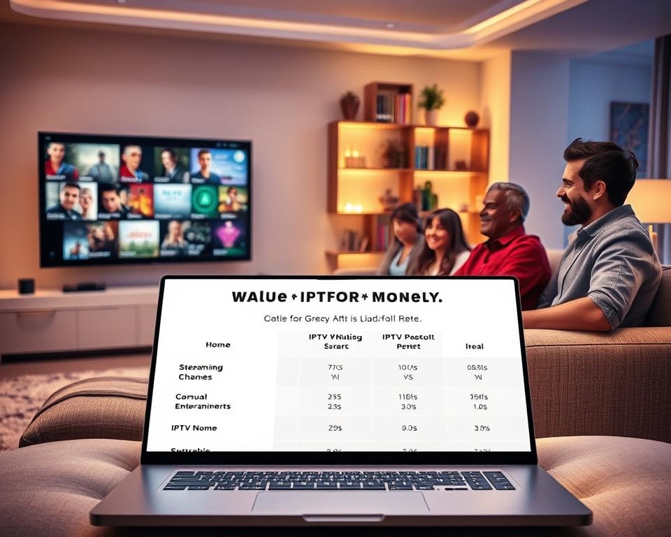 A visually compelling scene depicting the concept of "value for money" in streaming services. In the foreground, a modern living room with a sleek television displaying various streaming channels, illustrating the variety of entertainment options. A family of diverse backgrounds, dressed in casual yet polished attire, sits comfortably on a stylish sofa, enjoying their viewing experience together. In the middle area, an open laptop showcases a comparison of IPTV Nox with other streaming providers, emphasizing its affordability and features. The background features a warm, inviting atmosphere with soft ambient lighting, highlighting bookshelves and cozy decor. The image should convey a sense of satisfaction and happiness, embodying the joy of shared entertainment. Use a soft-focus lens to create a cozy, intimate atmosphere while maintaining clarity on the central elements.