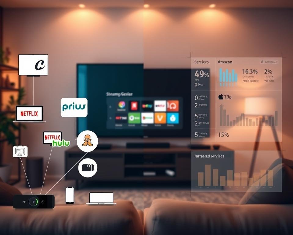 A visually engaging comparison of streaming services, featuring a split-screen concept. In the foreground, display various streaming device icons, such as a smart TV, tablet, and smartphone, connecting to logos of popular streaming platforms like Netflix, Hulu, and Amazon Prime. In the middle ground, depict a modern living room setting with a sleek entertainment setup, highlighting a user browsing through different services on a large screen. In the background, create a subtle infographic with charts and statistics illustrating service comparisons, like pricing and content variety. Use warm, inviting lighting to create a cozy atmosphere, and ensure the scene is shot from a slight low angle to emphasize the devices and modern technology. The overall mood is informative and contemporary, ideal for illustrating a tech-focused comparison. A visually engaging comparison of streaming services, featuring a split-screen concept. In the foreground, display various streaming device icons, such as a smart TV, tablet, and smartphone, connecting to logos of popular streaming platforms like Netflix, Hulu, and Amazon Prime. In the middle ground, depict a modern living room setting with a sleek entertainment setup, highlighting a user browsing through different services on a large screen. In the background, create a subtle infographic with charts and statistics illustrating service comparisons, like pricing and content variety. Use warm, inviting lighting to create a cozy atmosphere, and ensure the scene is shot from a slight low angle to emphasize the devices and modern technology. The overall mood is informative and contemporary, ideal for illustrating a tech-focused comparison.