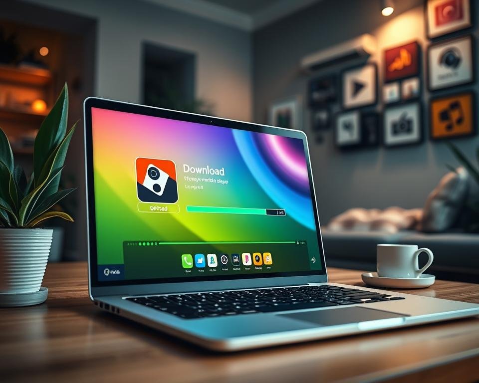 A visually engaging depiction of a modern multimedia player application downloading on a sleek laptop screen. The foreground features the laptop with a vibrant interface displaying a progress bar for the download, with colorful icons representing video and audio files. The middle ground reveals a cozy workspace with a potted plant and a cup of coffee, emphasizing a relaxed yet productive atmosphere. The background showcases a home office with warm, ambient lighting, and a wall decorated with framed art of various digital media symbols. The scene is captured from a slightly elevated angle, creating a dynamic perspective, while soft light filters in from a nearby window, casting gentle reflections off the laptop screen, adding a sense of warmth and focus to the image. A visually engaging depiction of a modern multimedia player application downloading on a sleek laptop screen. The foreground features the laptop with a vibrant interface displaying a progress bar for the download, with colorful icons representing video and audio files. The middle ground reveals a cozy workspace with a potted plant and a cup of coffee, emphasizing a relaxed yet productive atmosphere. The background showcases a home office with warm, ambient lighting, and a wall decorated with framed art of various digital media symbols. The scene is captured from a slightly elevated angle, creating a dynamic perspective, while soft light filters in from a nearby window, casting gentle reflections off the laptop screen, adding a sense of warmth and focus to the image.