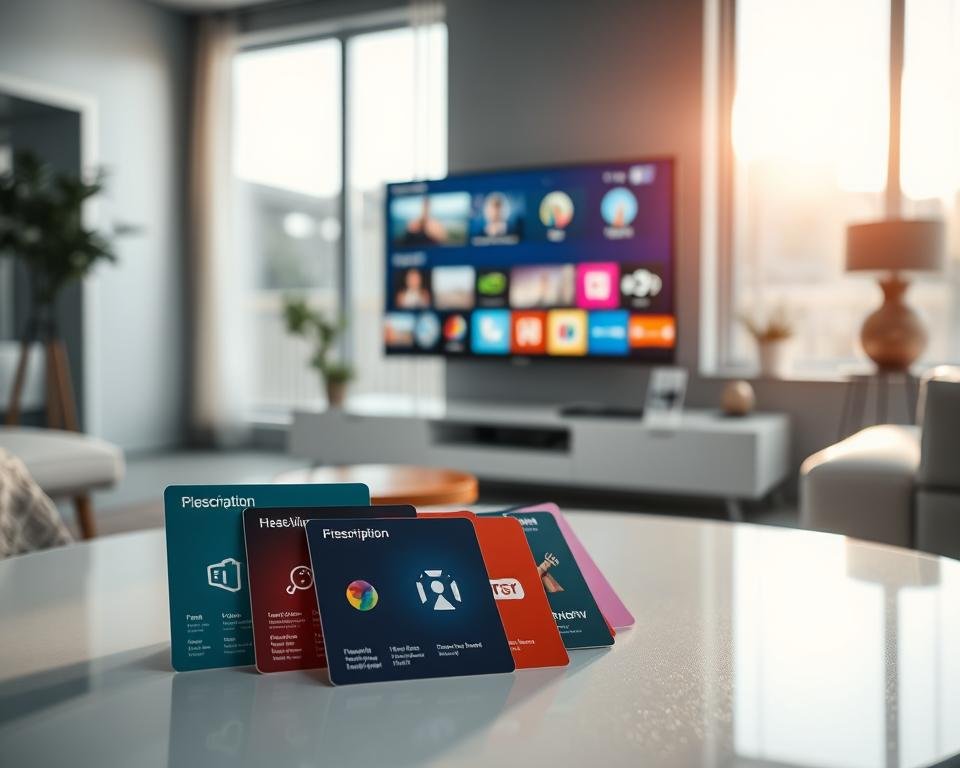 A visually striking composition depicting various IPTV subscription packages, arranged neatly on a sleek modern table. In the foreground, showcase several colorful subscription cards with icons representing channels, streaming services, and features, each card distinct in design and color. In the middle ground, include an elegant television screen displaying streaming content, creating an inviting focal point. The background features a contemporary living room setting, softly illuminated by natural light streaming through large windows, enhancing the image's warmth and accessibility. Use a shallow depth of field to create a sense of depth, focusing on the subscription cards and TV screen. The mood is professional yet inviting, ideal for conveying the essence of IPTV services.