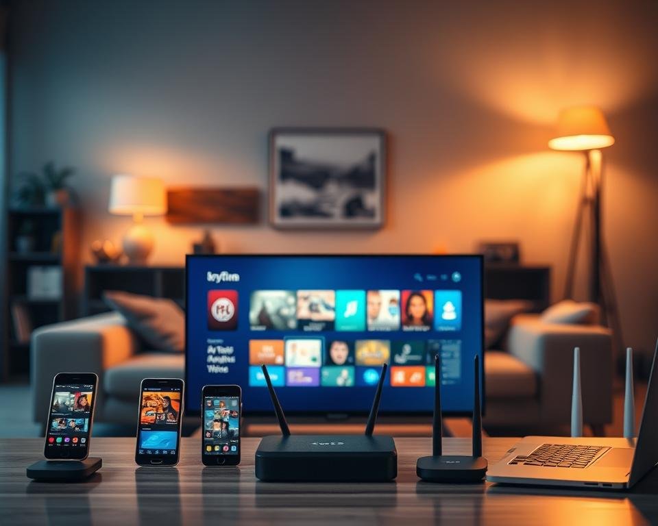 A visually striking composition showcasing the compatibility of streaming devices. In the foreground, feature a sleek modern TV displaying a vibrant streaming interface, surrounded by various popular devices such as a smartphone, tablet, and laptop, all connected via wireless technology. The middle ground should depict a cozy living room setup, with comfortable furniture and soft lighting, creating a warm and inviting atmosphere. In the background, a soft-focus view of a home network setup is visible, with routers and cables subtly integrated. The overall lighting should be warm and inviting, enhancing the relaxed yet tech-savvy mood of the scene. The image should exude a sense of modern convenience and connectivity, highlighting seamless streaming across devices without any text or branding.