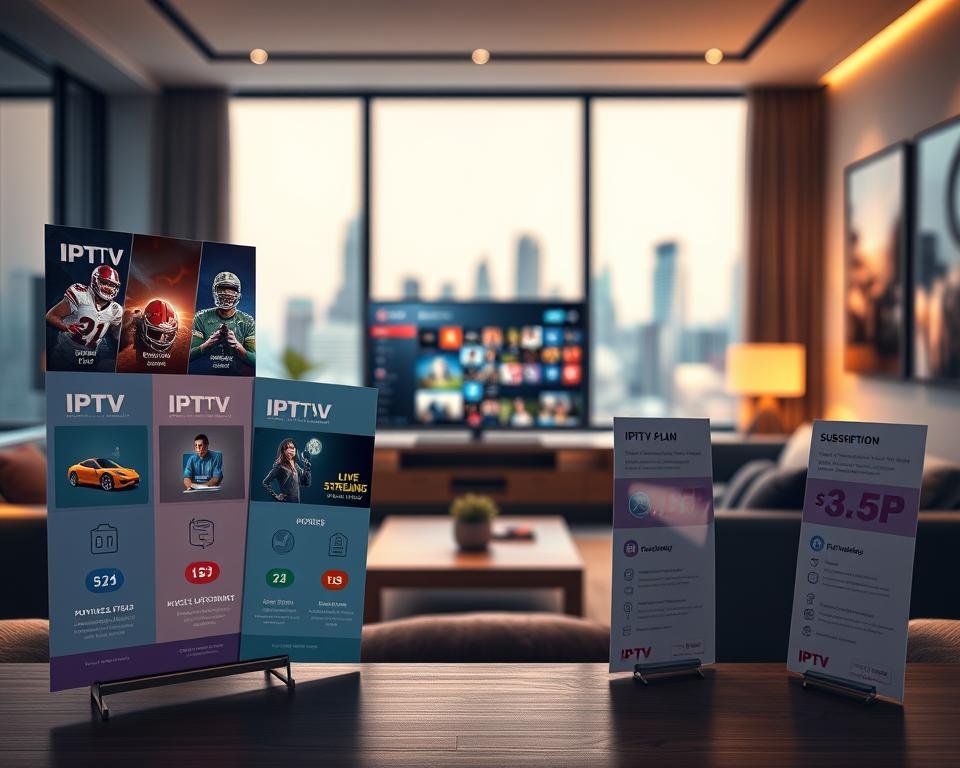 A visually striking digital illustration depicting various IPTV subscription plans and pricing models. In the foreground, several brochure-like panels showcasing distinct IPTV packages, each adorned with vibrant icons representing sports, movies, and live streaming. The middle ground displays a sleek modern living room with a television streaming content, emphasizing a cozy yet tech-savvy atmosphere. Soft, warm lighting fills the room, creating an inviting mood. The background features a blurred city skyline through a large window, hinting at a connected lifestyle. The angle captures both the subscription brochures and the screen, focusing on the integration of IPTV into everyday life. The overall imagery conveys professionalism and sophistication in the context of digital entertainment services.